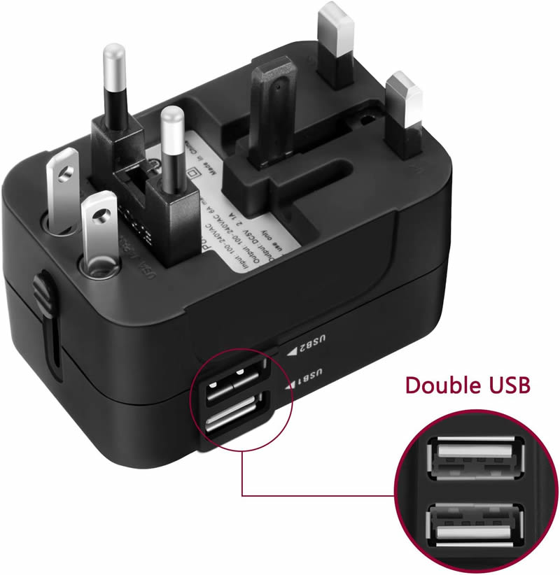 immagine di adattatore da viaggio adattatore da viaggio Adattatore da Viaggio Universale, adatto per più di 180 paesi - per prese EU, USA, UK, AUS, con 2 Porte USB