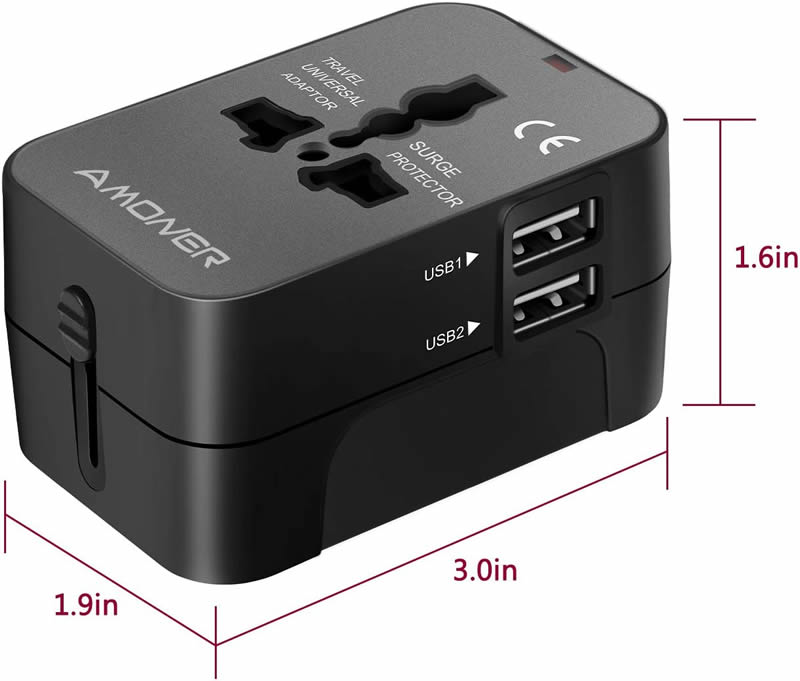 immagine di adattatore da viaggio adattatore da viaggio Adattatore da Viaggio Universale, adatto per più di 180 paesi - per prese EU, USA, UK, AUS, con 2 Porte USB