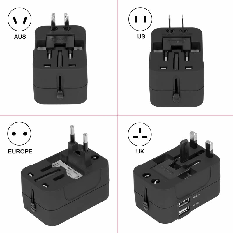 immagine di adattatore da viaggio adattatore da viaggio Adattatore da Viaggio Universale, adatto per più di 180 paesi - per prese EU, USA, UK, AUS, con 2 Porte USB