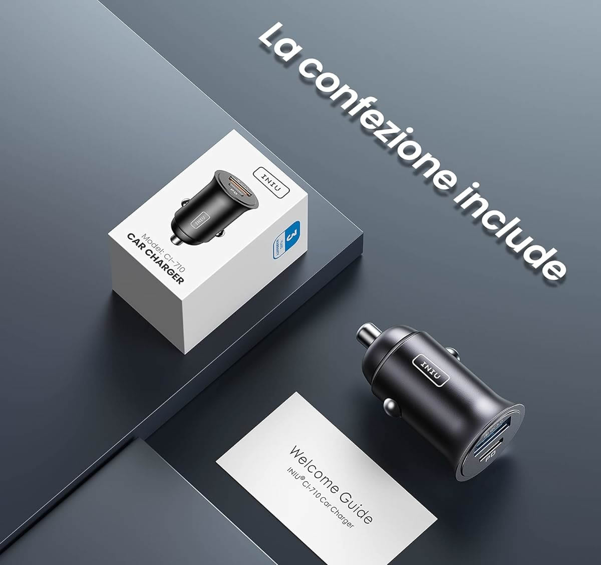 immagine di adattatore da viaggio adattatore da viaggio Caricatore USB per Auto con 2 Porte (USB Type-C e USB A 3.0) con ricarica veloce, per presa accendisigari, compatibile con iPhone, Samsung, Huawei, tablet - colore Nero