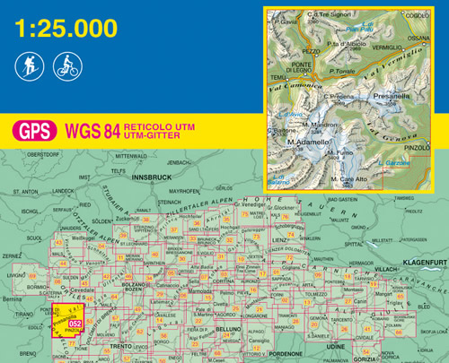 immagine di mappa topografica mappa topografica n.052 - Adamello, Presanella - Alta Val Camonica, Val Vermiglio, Val Genova, Ponte di Legno, Temù, Passo di Gavia, Passo del Tonale, Pinzolo - con reticolo UTM compatibile con GPS - nuova edizione