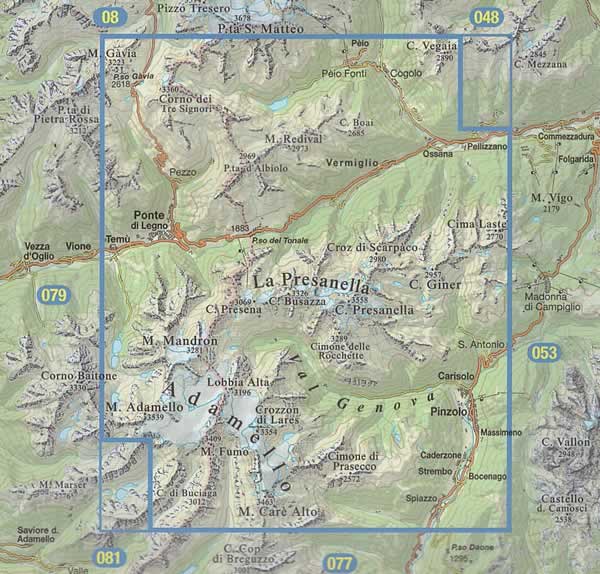 immagine di mappa topografica mappa topografica n.052 - Adamello, Presanella, Val di Genova - Alta Val Camonica, Val Vermiglio, Val Genova, Ponte di Legno, Temù, Passo di Gavia, Passo del Tonale, Pinzolo - con reticolo UTM per GPS - impermeabile, antistrappo, plastic-free, eco-friendly - EDIZIONE 2025