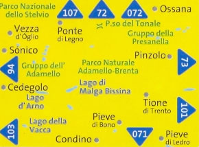 immagine di mappa topografica mappa topografica n.71 - Adamello, La Presanella, Vezza d'Oglio, Ponte di Legno, Passo del Tonale, Ossana, Pinzolo, Parco Naturale Adamello-Brenta, Cedegolo, Condino, Tione di Trento, Pieve di Ledro, Parco Nazionale dello Stelvio - nuova edizione