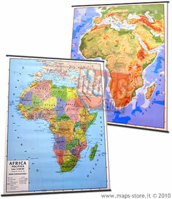 immagine di mappa murale mappa murale Africa - mappa murale plastificata con aste - fisica e politica (stampata fronte-retro) - 102 x 140 cm