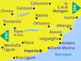 immagine di mappa topografica mappa topografica n.641 - Alassio, Imperia, Isola Gallinara, Laigueglia, Diano Marina, Riva Ligure, Montalto, Calizzano, Albenga, Loano - con sentieri CAI, percorsi MTB, spiagge, luoghi panoramici e parchi naturali - nuova edizione