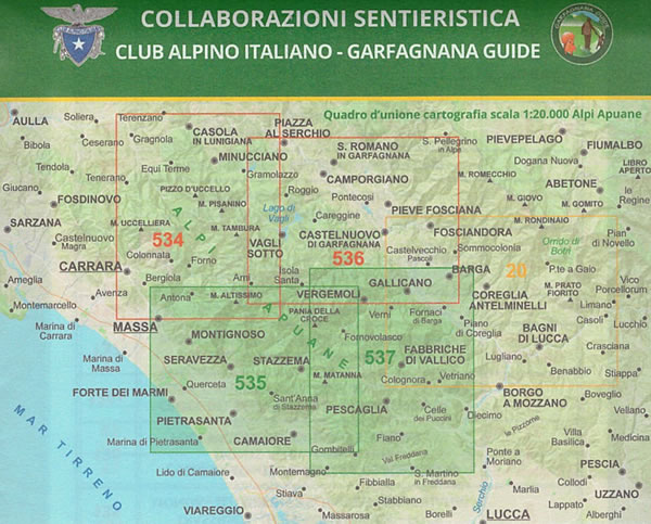 immagine di mappa topografica mappa topografica Alpi Apuane meridionali - mappa escursionistica con sentieri C.A.I. - mappa n.535-537 - EDIZIONE 2024