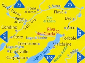 immagine di mappa topografica mappa topografica n.071 - Alpi di Ledro, Valli Giudicarie - Riva del Garda, Monte Baldo, Arco, Malcesine, Gargnano, Lago d'Idro, Storo, Val di Daone, Tione di Trento, Fiavè, Dro - con sentieri CAI, percorsi MTB, vie ferrate, parchi e riserve naturali