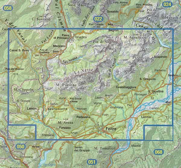 immagine di mappa topografica mappa topografica n.023 - Alpi Feltrine, Le Vette, Cimonega - M. Pavione, Pizzocco, Mezzano, Imer, Lamon, Pedavena, Feltre, S. Gregorio, Cesiomaggiore - con reticolo UTM compatibile con GPS - impermeabile, antistrappo, plastic-free, eco-friendly - EDIZIONE Dicembre 2023