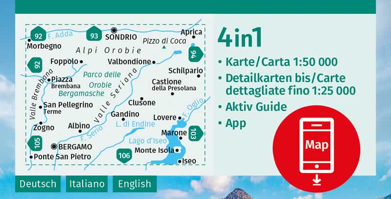 immagine di mappa topografica mappa topografica Alpi Orobie Bergamasche, Valle Brembana, Valle Seriana, Sondrio, Morbegno, Foppolo, San Pellegrino Terme, Bergamo, Monte Isola, Lago d'Iseo, Lovere - con sentieri CAI, percorsi panoramici e parchi naturali - mappa escursionistica Kompass n.104 - plastificata, compatibile con GPS - EDIZIONE 2024