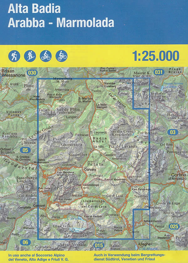 immagine di mappa topografica mappa topografica n.007 - Alta Badia, Arabba, Marmolada - con S. Martino, La Valle, Val de Mareo, Passo Erbe, Marebbe, Fanes, S. Cassiano, Badia, Puez, Passo Gardena, Corvara, Selva, Sella, Colfosco, Canazei, Passo Pordoi, Passo Valparola, Passo Falzarego, Passo Campolongo, Passo Fedaia, Rocca Pietore, Marmolada, Lago Fedaia - con reticolo UTM per GPS - impermeabile, antistrappo, plastic-free, eco-friendly - EDIZIONE 2024