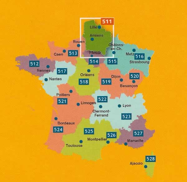 immagine di mappa stradale regionale mappa stradale regionale n. 511 - Alta Francia / Hauts-de-France - Nord-Passo di Calais - Picardia / Nord-Pas-de-Calais - Picardie/Picardy - con Lille, Amiens, Laon, Beauvais, Arras, Peronne, Château-Thierry, Senlis, Compiegne, Abbeville, St-Omer, Calais, Boulogne-sur-Mer, Cambrai, St-Quentin, Douai, Lens, Bethune - mappa stradale con stazioni di servizio e autovelox - EDIZIONE Dicembre 2023