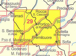 immagine di mappa topografica mappa topografica n.29 - Alta Romagna - Portico di Romagna, Cascata dell'Acquacheta, Passo del Muraglione, Galeata, Premilcuore, Rocca San Casciano, San Benedetto in Alpe, S. Sofia