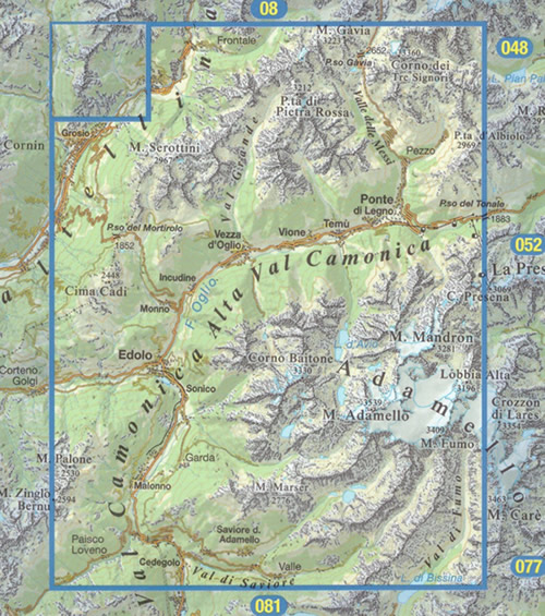 immagine di mappa topografica mappa topografica n.079 - Alta Val Camonica, Edolo, Adamello - con Ponte di Legno, Val Grande, Pietra Rossa, Valle delle Messi, Pezzo, Corno dei Tre Signori, Passo Gavia, M. Serottini, Vezza d'Oglio, Vione, Temù, Incudine, Monno, Sonico, Corno Baitone, Garda, Malonno, Cedegolo, Val di Saviore, Val di Fumo, M. Fumo, Cima Cadi, Passo del Mortirolo, Valtellina - impermeabile, antistrappo, plastic-free, eco-friendly - edizione 2022