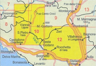 immagine di mappa topografica mappa topografica Alta Val di Taro, Val di Vara, Lunigiana, Appennino Ligure - mappa escursionistica n.10/12 - con sentieri CAI - con il passo Cento Croci, Varese Ligure, Zeri, Monte Gottero - edizione 2023