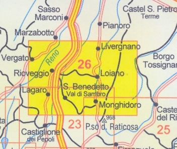 immagine di mappa topografica mappa topografica n.26 - Alto Appennino Bolognese - Vergato, Rioveggio, Monzuno, Loiano, Grizzana M., San Benedetto Val di Sambro, Monghidoro, Castel dell'Alpi, Valli del Reno, Valle del Setta e Idice, Via degli Dei