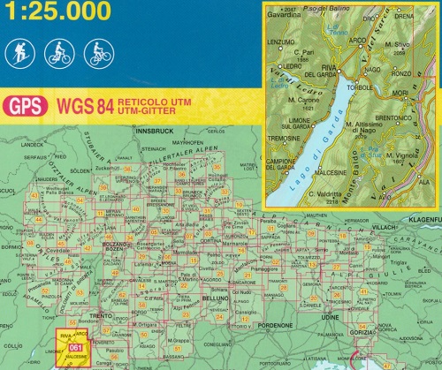 immagine di mappa topografica mappa topografica n.061 - Alto Garda, Ledro, Monte Baldo Nord - Riva del Garda, Arco, M.Stivo, Ronzo, Mori, Brentonico, Malcesine, M. Vignola, Val Lagarina - con reticolo UTM compatibile con sistemi GPS - edizione 2021