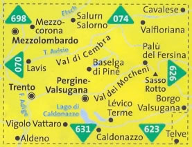 immagine di mappa topografica mappa topografica n.075 - Altopiano di Piné - Val di Cembra, Val di Mocheni, Passo Manghen, Mezzolombardo, Trento, Sasso Rotto - compatibile con GPS + mappa panoramica