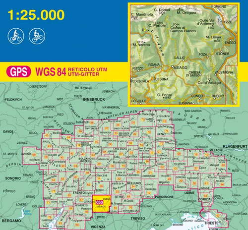 immagine di mappa topografica mappa topografica n.050 - Altopiano dei Sette Comuni - con Asiago, Gallio, Roana, Lusiana, Val d' Assa, Enego - con reticolo UTM compatibile con sistemi GPS - EDIZIONE 2024