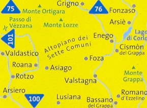 immagine di mappa topografica mappa topografica n.78 - Altopiano dei Sette Comuni, Bassano del Grappa, Monte Grappa, M. Lozze, Passo di Vezzena, M. Verena, Arsiero, Caltrano, Grigno, Valstagna - con sentieri CAI, percorsi MTB, vie ferrate e funivie - nuova edizione