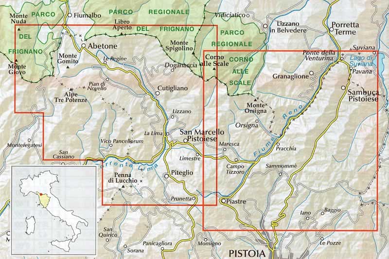 immagine di mappa topografica mappa topografica Appennino Pistoiese, Modenese e Bolognese - carta dei sentieri impermeabile e antistrappo, eco-friendly - con Lago Santo, Abetone, Corno alle Scale, Orsigna, Sambuca Pistoiese, Lago di Suviana, Alpe Tre Potenze, Monte Gomito, Cutigliano, S. Marcello Pistoiese - con rifugi, sentieri CAI numerati, percorsi MTB e GEA, sorgenti, aree di sosta - Edizione SETTEMBRE 2023