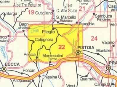 immagine di mappa topografica mappa topografica n.22 - Appennino Pistoiese e Monti Pesciatini, con Pistoia, Piteglio, Marliana, Pescia, Massa-Cozzile, Collodi, Montecatini - nuova edizione