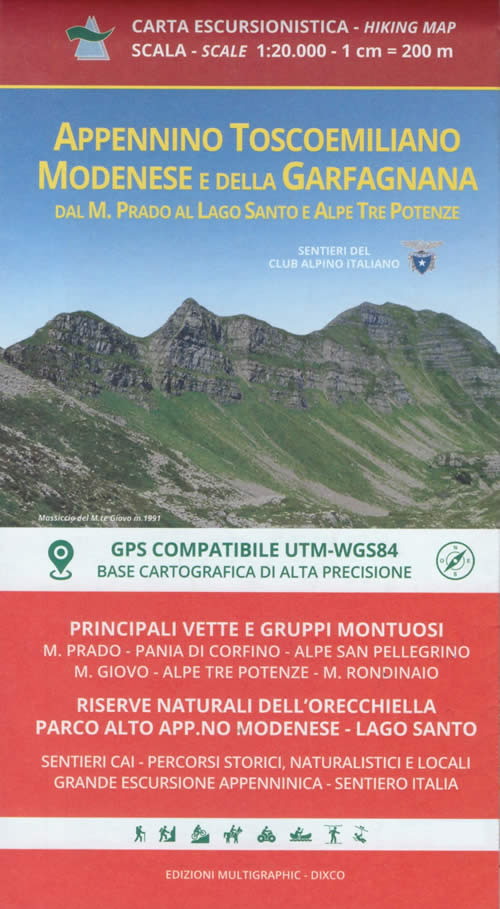 immagine di mappa topografica mappa topografica Appennino Tosco-Emiliano, Modenese, Garfagnana - mappa escursionistica n.18 - con sentieri CAI - con Parco dell'Orecchiella, Monte Prado, Villa Collemandina, Castiglione di Garfagnana, Pieve Fosciana, Castelnuovo di Garfagnana, Lago Santo, Fosciandora, Pievepelago, Riolunato, Fiumalbo, Abetone, Monte Giovo, Alpe San Pellegrino, Alpe Tre Potenze - EDIZIONE Dicembre 2023