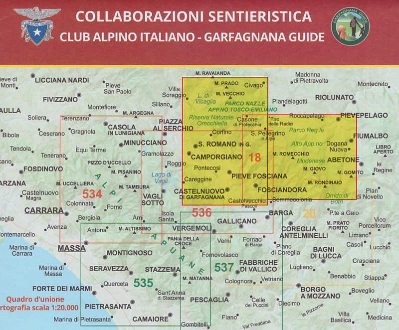 immagine di mappa topografica mappa topografica Appennino Tosco-Emiliano, Modenese, Garfagnana - mappa escursionistica n.18 - con sentieri CAI - con Parco dell'Orecchiella, Monte Prado, Villa Collemandina, Castiglione di Garfagnana, Pieve Fosciana, Castelnuovo di Garfagnana, Lago Santo, Fosciandora, Pievepelago, Riolunato, Fiumalbo, Abetone, Monte Giovo, Alpe San Pellegrino, Alpe Tre Potenze - EDIZIONE Dicembre 2023