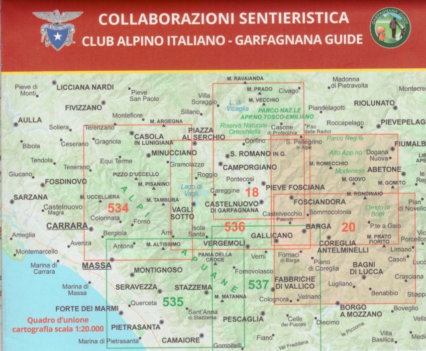 immagine di mappa topografica mappa topografica n.20 - Appennino Tosco-Emiliano - Versanti della Media Valle del Serchio e Modenese - Garfagnana, Val di Lima, Lago Santo, Orrido di Botri, Barga, Bagni di Lucca, Castelnuovo, Coreglia, Borgo a Mozzano, Gallicano, Fosciandora, Monte Giovo, Monte Albano, Alpe San Pellegrino, Alpe Tre Potenze - con sentieri CAI e comunali, percorsi MTB, rifugi - carta dei sentieri compatibile con GPS - edizione 2024