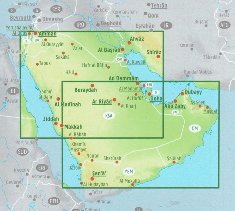 immagine di mappa stradale mappa stradale Arabia Saudita - con Qatar, Emirati Arabi Uniti, Oman, Yemen, Kuwait - con Riyad, La Mecca, Gedda, Qatif, Sakaka, Tabūk, Al-Madina, Al Hufuf, Buraydah, Al Khamasin - EDIZIONE 2024