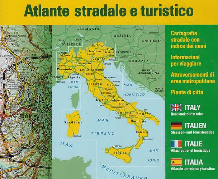 immagine di atlante stradale atlante stradale Atlante Stradale d'Italia - con informazioni per viaggiare, 18 aree metropolitane in dettaglio, 113 piante di città e ZTL, norme per la circolazione, luoghi di interesse turistico, rete autostradale, aeroporti, traghetti, ferrovie, indice e distanze stradali - EDIZIONE 2025