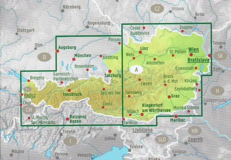 immagine di mappa stradale mappa stradale Austria / Österreich - con Vienna, Salisburgo (Salzburg), Innsbruck, St. Pölten, Linz/Lienz, Klagenfurt, Graz, Eisenstadt - con percorsi panoramici, parchi e riserve naturali - EDIZIONE 2024