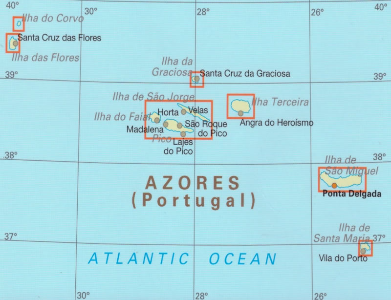 immagine di mappa stradale mappa stradale Azzorre - mappa escursionistica e stradale, impermeabile e antistrappo - con spiagge, sentieri e luoghi panoramici - con Corvo, Flores, Graciosa, Terceira, Sao Jorge, Faial, Pico, Sao Miguel, Santa Maria - EDIZIONE 2024