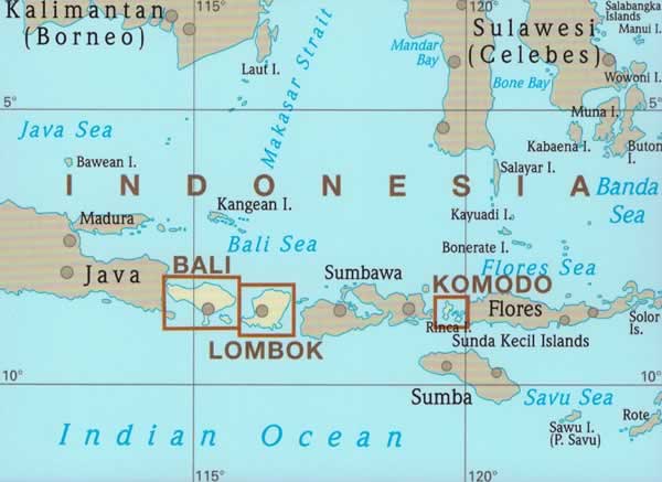 immagine di mappa stradale mappa stradale Bali, Lombok, Komodo - con Denpasar, Nusa Penida, Mataram, Praya, Selong - mappa impermeabile e antistrappo - nuova edizione