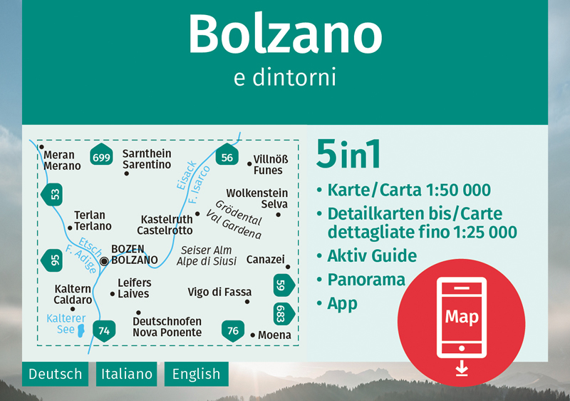 immagine di mappa topografica mappa topografica Bolzano - con Alpe di Siusi, Val Gardena, Merano, Sarentino, Funes, Selva, Castelrotto, Caldaro, Laives, Vigo di Fassa, Nuova Ponente, Moena - con sentieri CAI, percorsi panoramici e parchi naturali - mappa escursionistica Kompass n.54 - plastificata, compatibile con GPS - EDIZIONE 2024