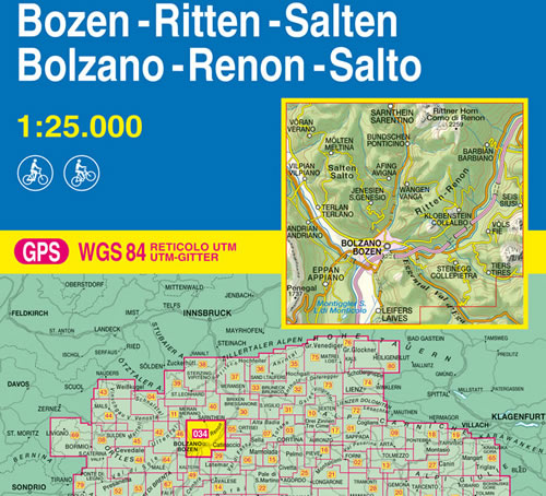 immagine di mappa topografica mappa topografica n.034 - Bolzano, Renon, Salto / Bozen, Ritten, Salten - con reticolo UTM compatibile con sistemi GPS - edizione 2018