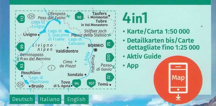 immagine di mappa topografica mappa topografica Bormio, Livigno, Alta Valtellina - con Poschiavo, Tovo di S. Agata, Sondalo, Temu, Valdidentro, Cima de Piazzi, Passo dello Stelvio, Munster, Lago di Cancano, Lago di San Giacomo - Kompass n.96 - mappa plastificata compatibile con GPS - EDIZIONE Luglio 2023