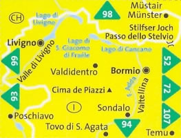 immagine di mappa topografica mappa topografica n.96 - Bormio, Livigno, Valtellina, Poschiavo, Tovo di S. Agata, Sondalo, Temu, Valdidentro, Cima de Piazzi, Passo dello Stelvio, Munster, Lago di Cancano, Lago di San Giacomo - compatibile con GPS - nuova edizione