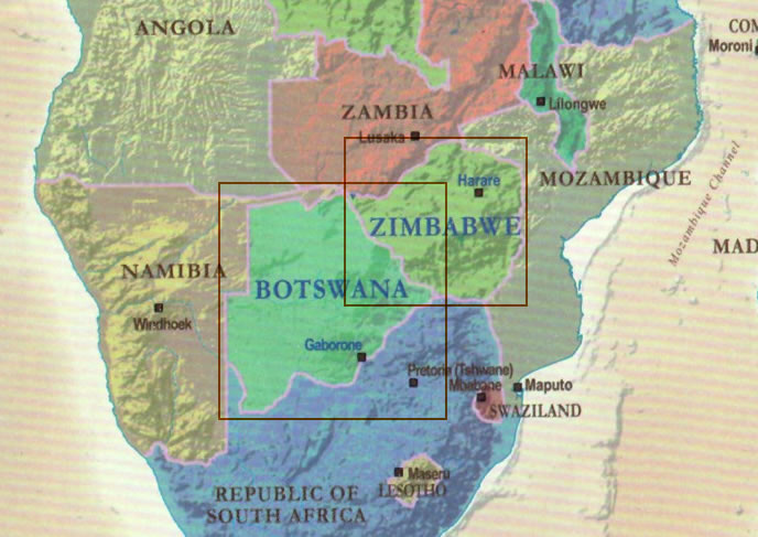 immagine di mappa stradale mappa stradale Botswana e Zimbabwe - con Gaborone, Harare, Bulawayo, Parco Naturale Great Zimbabwe, Lago Mutirikwi, Cascate Vittoria / Victoria Falls - mappa stradale - impermeabile e antistrappo - con parchi, riserve naturali, luoghi panoramici - nuova edizione