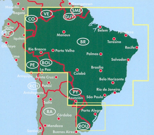 immagine di mappa stradale mappa stradale Brasile / Brazil - mappa stradale - con San Paolo, Rio de Janeiro, Salvador, Brasilia, Fortaleza, Belo Horizonte, Manaus, Curitiba, Recife, Porto Alegre, Belém, Goiânia, Guarulhos, Campinas, São Luís, São Gonçalo, Maceió, Duque de Caxias, Natal, Campo Grande - nuova edizione