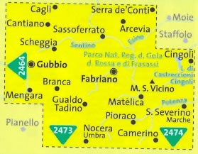 immagine di mappa topografica mappa topografica n.2465 - Cagli, Fabriano, San Severino Marche, Gubbio, Sassoferrato, Cingoli, Gualdo Tadino, Nocera Umbra, Camerino, Parco Naturale Gola della Rossa e Frasassi, Monte Cucco - mappa plastificata - compatibile con GPS - nuova edizione