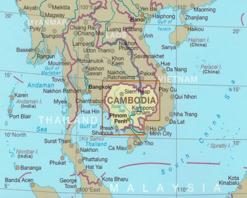 immagine di mappa stradale mappa stradale Cambogia / Cambodia - con Phnom Penh, Siem Reap, Ta Khmau, Battambang, Angkor, Can Tho, Phu Quoc - mappa impermeabile e antistrappo - EDIZIONE 2024