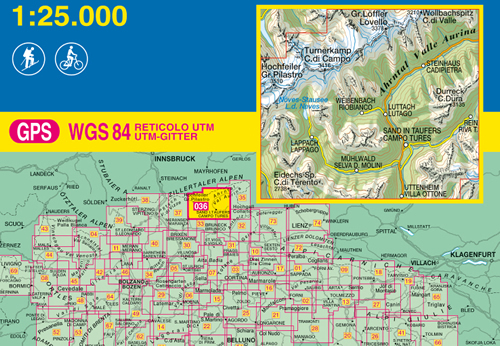 immagine di mappa topografica mappa topografica n.036 - Campo Tures / Sand in Taufers - Valle Aurina, Riobianco, Lutago, C. Dura, Cima di Campo, Gran Pilastro, Lappago - con reticolo UTM compatibile con sistemi GPS - nuova edizione