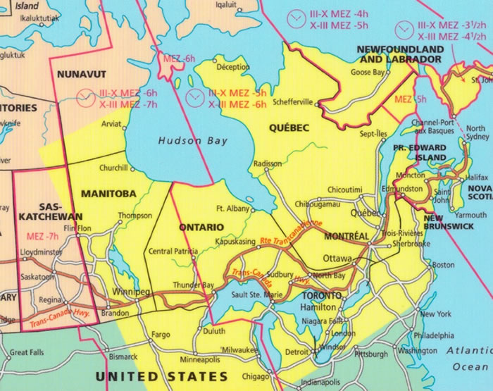 immagine di mappa stradale mappa stradale Canada Est - con Montreal, Quebec, Toronto, Ontario, Manitoba - cartografia con una ricca simbologia stradale facile da consultare - con parchi, riserve naturali, luoghi panoramici, distanze stradali - EDIZIONE 2024