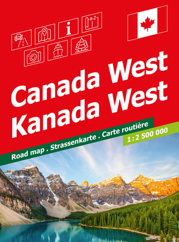 immagine di mappa stradale mappa stradale Canada Ovest - con Vancouver, Calgary, British Columbia, Alberta - cartografia con una ricca simbologia stradale facile da consultare - con parchi, riserve naturali, luoghi panoramici, distanze stradali - EDIZIONE 2025