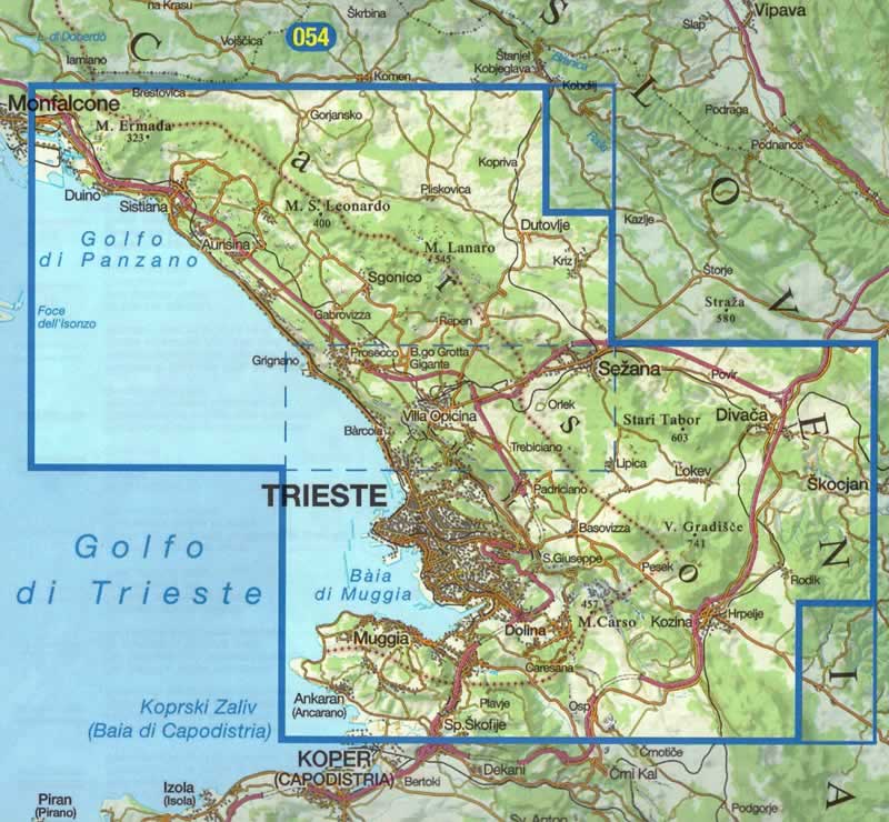 immagine di mappa topografica mappa topografica n.047 - Carso Triestino e Isontino, Kras, Trieste (con Gradisca, Doberdò, Monfalcone, Duino-Aurisina, Sgonico, Monrupino, Muggia) - con reticolo UTM compatibile con GPS - impermeabile, antistrappo, plastic-free, eco-friendly - EDIZIONE 2023