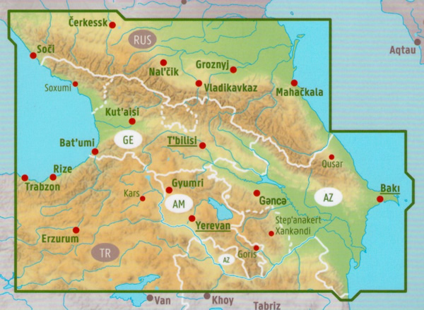 immagine di mappa stradale mappa stradale Caucaso / Kaukasus - con Armenia, Azerbaigian/Azerbaijan, Georgia, Cecenia, Dagestan, Inguscezia, Cabardino-Balcaria, Ossezia del Nord, Karačaj-Circassia - EDIZIONE 2023