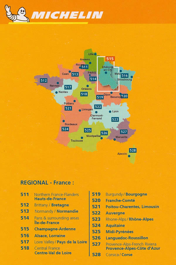 immagine di mappa stradale regionale mappa stradale regionale Champagne / Ardenne - mappa stradale Michelin n. 515 - con Charleville-Mézières, Sedan, Rethel, Vouziers, Reims, Sainte-Menehould, Epernay, Châlons-en-Champagne, Vitry-le-François, Saint-Dizier, Nogent-sur-Seine, Troyes, Bar-sur-Aube, Chaumont, Langres - mappa stradale con stazioni di servizio e autovelox - Edizione Dicembre 2023