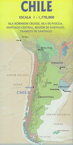 immagine di mappa stradale mappa stradale Cile (Chile) - con Santiago, Patagonia, Terra del Fuoco, Ushuaia, Isola di Pasqua e Robinson Crusoe - mappa stradale - impermeabile e antistrappo - nuova edizione