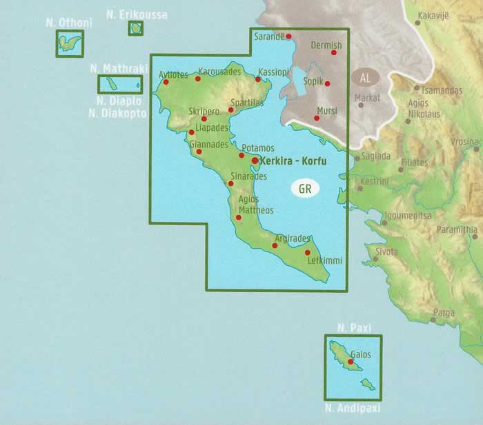 immagine di mappa stradale mappa stradale Corfù e isole minori di Fanò/Othoni, Erikoussa, Mathraki, Diaplo, Diakopto, Paxi, Andipaxi - con le località di Agios Georgios, Achilleio, Ereikoussa, Esperion, Faiakes, Fanò (Othonoi), Kassopaia, Korissia, Lefkimmi, Mathraki, Meliteieis, Palaiokastritsa, Parelioi, Thinali - mappa escursionistica con strade, sentieri, spiagge e luoghi panoramici - EDIZIONE Giugno 2023