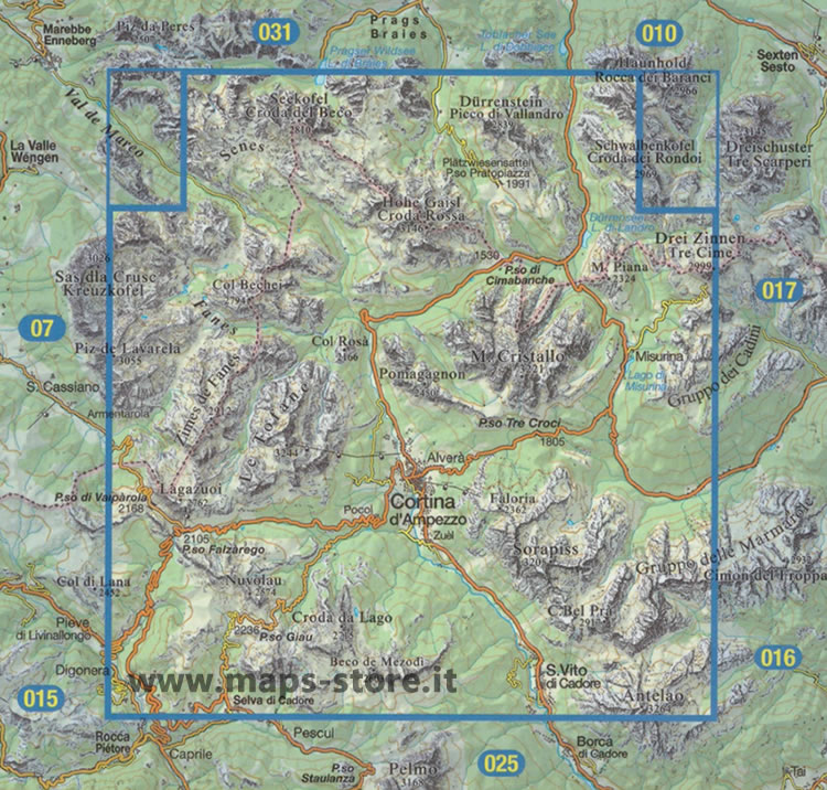 immagine di mappa topografica mappa topografica n.003 - Cortina d' Ampezzo e Dolomiti Ampezzane - con Fanes, Senes, Croda Rossa, Tofane, Passo Falzarego, Passo Valparola, Nuvolau, Selva di Cadore, Passo Giau, S. Vito di Cadore, Sorapis, Passo Tre Croci, Monte Cristallo, Lago di Misurina, Tre Cime, Passo Cimabanche, Lagazuoi, Croda del Beco, Picco di Vallandro, Faloria, Gruppo delle Marmarole - con reticolo UTM compatibile con GPS - impermeabile, antistrappo, plastic-free, eco-friendly - EDIZIONE 2024